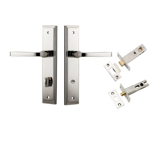 Door Lever Annecy Stepped Privacy Polished Nickel CTC85mm H240xW50xP65mm Inbuilt Privacy Kit, Tube Latch Split Cam 'T' Striker Polished Nickel Backset 60mm, Privacy Bolt Round Bolt Polished Nickel Backset 60mm in Polished Nickel