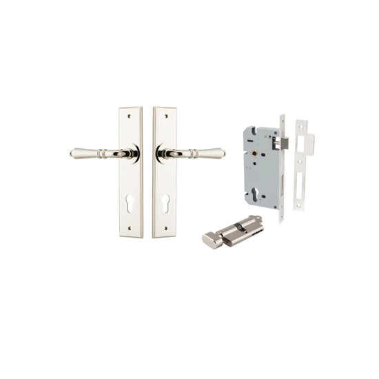 Door Lever Sarlat Chamfered Euro Pair Polished Nickel CTC85mm L111xP55mm BPH240xW50mm, Mortice Lock Euro Polished Nickel CTC85mm Backset 60mm, Euro Cylinder Key Thumb 5 Pin Polished Nickel 65mm KA4 in Polished Nickel