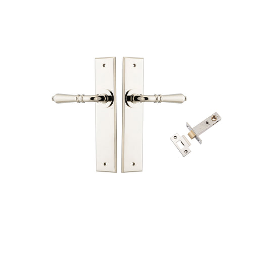 Door Lever Sarlat Chamfered Polished Nickel L111xP55mm BPH240xW50mm Passage Kit, Tube Latch Split Cam 'T' Striker Polished Nickel Backset 60mm in Polished Nickel