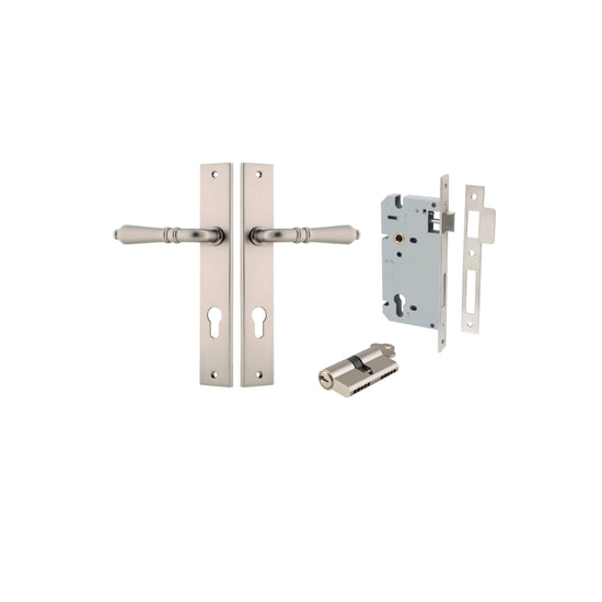 Door Lever Sarlat Rectangular Euro Satin Nickel CTC85mm H240xW38xP55mm Entrance Kit, Mortice Lock Euro Satin Nickel CTC85mm Backset 60mm, Euro Cylinder Dual Function 5 Pin Satin Nickel L65mm KA1 in Satin Nickel