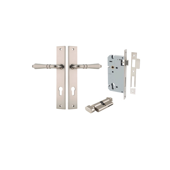 Door Lever Sarlat Rectangular Euro Satin Nickel CTC85mm H240xW38xP55mm Entrance Kit, Mortice Lock Euro Satin Nickel CTC85mm Backset 60mm, Euro Cylinder Key Thumb 6 Pin Satin Nickel L70mm KA1 in Satin Nickel