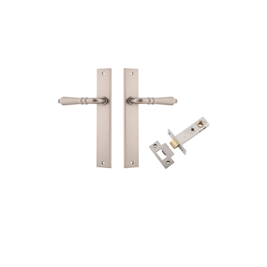 Door Lever Sarlat Rectangular Latch Satin Nickel H240xW38xP55mm Passage Kit, Tube Latch Split Cam 'T' Striker Satin Nickel Backset 60mm in Satin Nickel