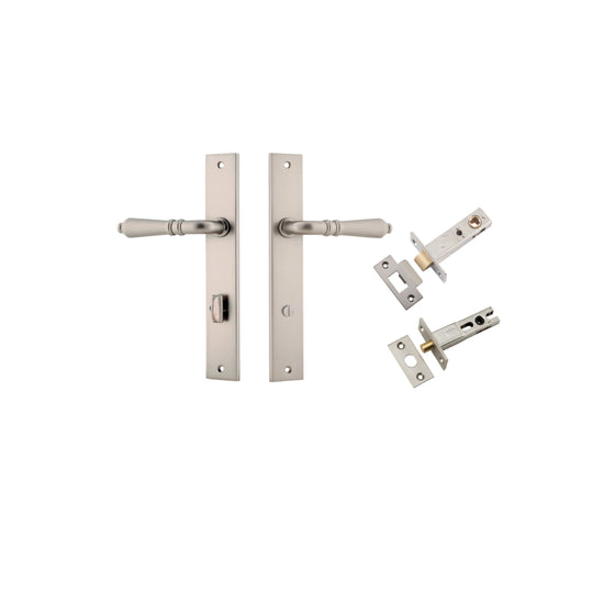 Door Lever Sarlat Rectangular Privacy Satin Nickel CTC85mm H240xW38xP55mm Privacy Kit, Tube Latch Split Cam 'T' Striker Satin Nickel Backset 60mm, Privacy Bolt Round Bolt Satin Nickel Backset 60mm in Satin Nickel