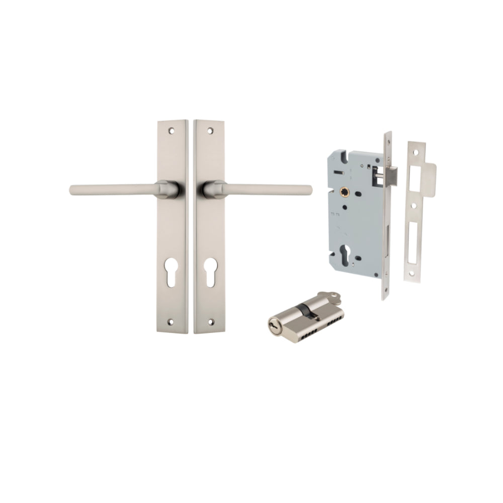 Door Lever Baltimore Rectangular Euro Satin Nickel CTC85mm H240xW38xP55mm Entrance Kit, Mortice Lock Euro Satin Nickel CTC85mm Backset 60mm, Euro Cylinder Dual Function 5 Pin Satin Nickel L65mm KA1 in Satin Nickel