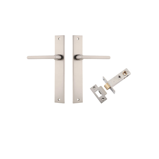 Door Lever Baltimore Rectangular Latch Satin Nickel H240xW38xP55mm Passage Kit, Tube Latch Split Cam 'T' Striker Satin Nickel Backset 60mm in Satin Nickel