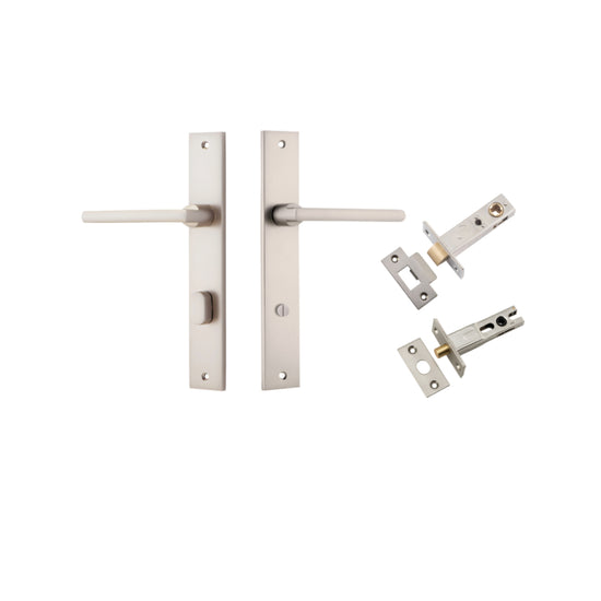 Door Lever Baltimore Rectangular Privacy Satin Nickel CTC85mm H240xW38xP55mm Inbuilt Privacy Kit, Tube Latch Split Cam 'T' Striker Satin Nickel Backset 60mm, Privacy Bolt Round Bolt Satin Nickel Backset 60mm in Satin Nickel