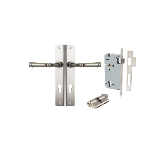 Door Lever Verona Rectangular Euro Satin Nickel CTC85mm H240xW38xP59mm Entrance Kit, Mortice Lock Euro Satin Nickel CTC85mm Backset 60mm, Euro Cylinder Dual Function 5 Pin Satin Nickel L65mm KA1 in Satin Nickel