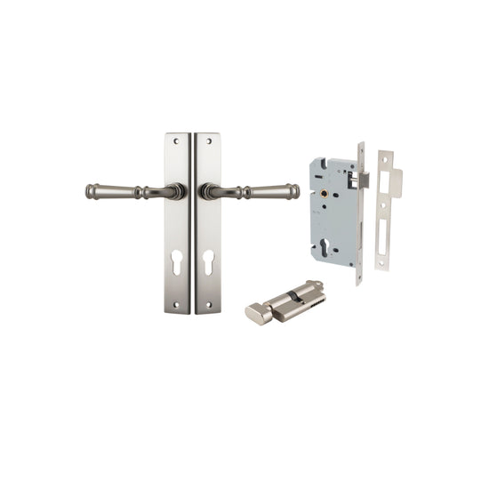 Door Lever Verona Rectangular Euro Satin Nickel CTC85mm H240xW38xP59mm Entrance Kit, Mortice Lock Euro Satin Nickel CTC85mm Backset 60mm, Euro Cylinder Key Thumb 6 Pin Satin Nickel L70mm KA1 in Satin Nickel