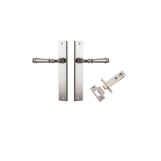 Door Lever Verona Rectangular Latch Satin Nickel H240xW38xP59mm Passage Kit, Tube Latch Split Cam 'T' Striker Satin Nickel Backset 60mm in Satin Nickel