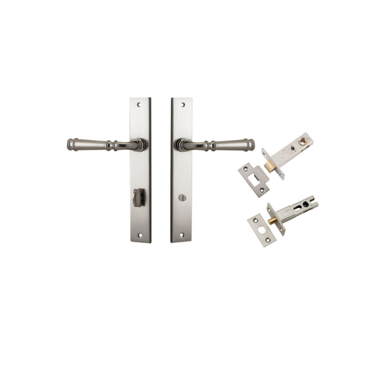 Door Lever Verona Rectangular Privacy Satin Nickel CTC85mm H240xW38xP59mm Inbuilt Privacy Kit, Tube Latch Split Cam 'T' Striker Satin Nickel Backset 60mm, Privacy Bolt Round Bolt Satin Nickel Backset 60mm in Satin Nickel