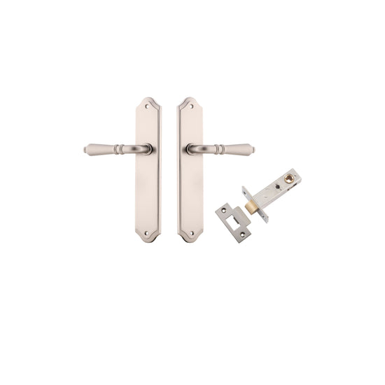 Door Lever Sarlat Shouldered Latch Satin Nickel H250xW48xP57mm Passage Kit, Tube Latch Split Cam 'T' Striker Satin Nickel Backset 60mm in Satin Nickel