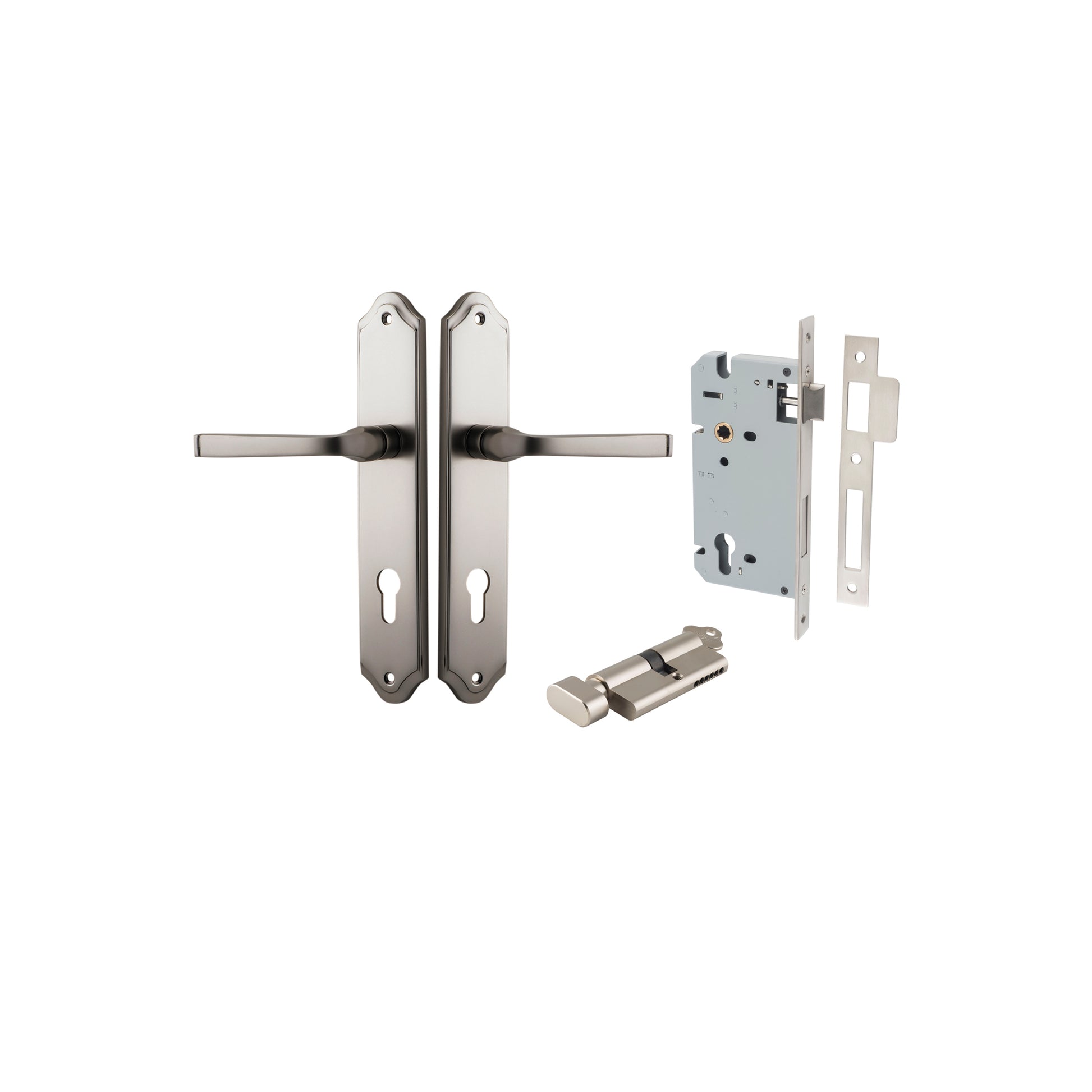 Door Lever Annecy Shouldered Euro Satin Nickel CTC85mm H240xW50xP65mm Entrance Kit, Mortice Lock Euro Satin Nickel CTC85mm Backset 60mm, Euro Cylinder Key Thumb 6 Pin Satin Nickel L70mm KA1 in Satin Nickel