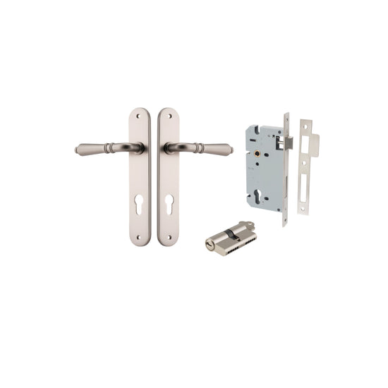 Door Lever Sarlat Oval Euro Satin Nickel CTC85mm H240xW40xP55mm Entrance Kit, Mortice Lock Euro Satin Nickel CTC85mm Backset 60mm, Euro Cylinder Dual Function 5 Pin Satin Nickel L65mm KA1 in Satin Nickel