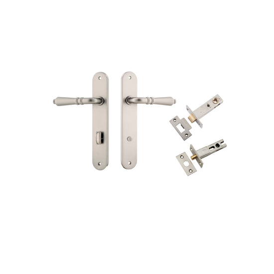 Door Lever Sarlat Oval Privacy Satin Nickel CTC85mm H240xW40xP55mm Privacy Kit, Tube Latch Split Cam 'T' Striker Satin Nickel Backset 60mm, Privacy Bolt Round Bolt Satin Nickel Backset 60mm in Satin Nickel