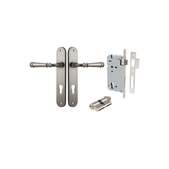 Door Lever Verona Oval Euro Satin Nickel CTC85mm H240xW40xP59mm Entrance Kit, Mortice Lock Euro Satin Nickel CTC85mm Backset 60mm, Euro Cylinder Dual Function 5 Pin Satin Nickel L65mm KA1 in Satin Nickel