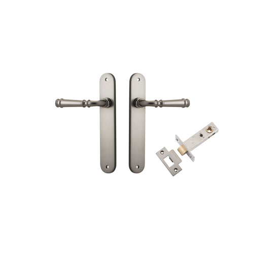 Door Lever Verona Oval Latch Satin Nickel H240xW40xP59mm Passage Kit, Tube Latch Split Cam 'T' Striker Satin Nickel Backset 60mm in Satin Nickel