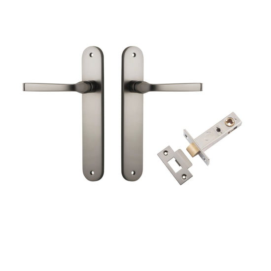 Door Lever Annecy Oval Latch Satin Nickel H240xW40xP62mm Passage Kit, Tube Latch Split Cam 'T' Striker Satin Nickel Backset 60mm in Satin Nickel