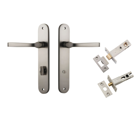 Door Lever Annecy Oval Privacy Satin Nickel CTC85mm H240xW40xP62mm Inbuilt Privacy Kit, Tube Latch Split Cam 'T' Striker Satin Nickel Backset 60mm, Privacy Bolt Round Bolt Satin Nickel Backset 60mm in Satin Nickel