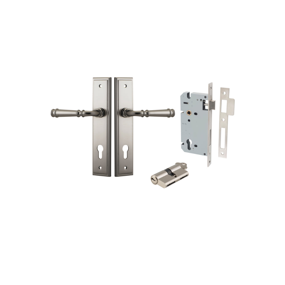 Door Lever Verona Stepped Euro Satin Nickel CTC85mm H240xW50xP59mm Entrance Kit, Mortice Lock Euro Satin Nickel CTC85mm Backset 60mm, Euro Cylinder Dual Function 5 Pin Satin Nickel L65mm KA1 in Satin Nickel