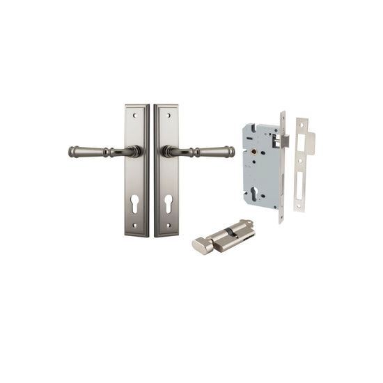 Door Lever Verona Stepped Euro Satin Nickel CTC85mm H240xW50xP59mm Entrance Kit, Mortice Lock Euro Satin Nickel CTC85mm Backset 60mm, Euro Cylinder Key Thumb 6 Pin Satin Nickel L70mm KA1 in Satin Nickel