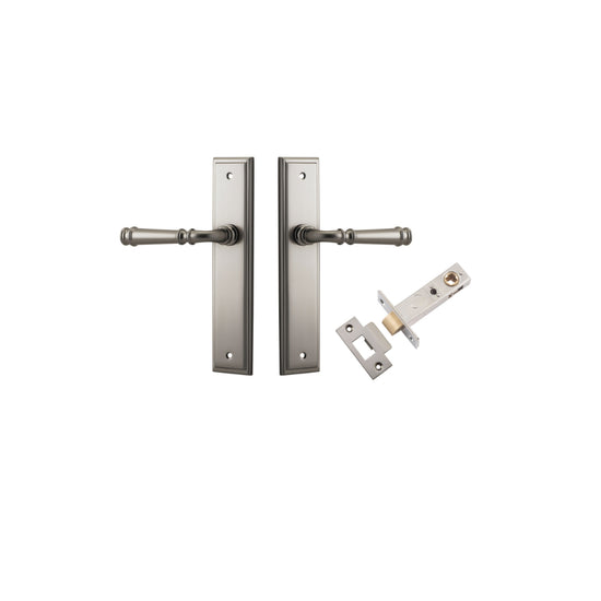 Door Lever Verona Stepped Latch Satin Nickel H240xW50xP59mm Passage Kit, Tube Latch Split Cam 'T' Striker Satin Nickel Backset 60mm in Satin Nickel