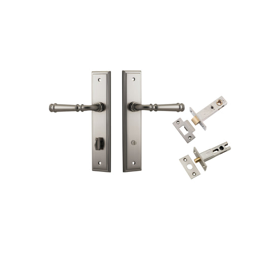 Door Lever Verona Stepped Privacy Satin Nickel CTC85mm H240xW50xP59mm Inbuilt Privacy Kit, Tube Latch Split Cam 'T' Striker Satin Nickel Backset 60mm, Privacy Bolt Round Bolt Satin Nickel Backset 60mm in Satin Nickel