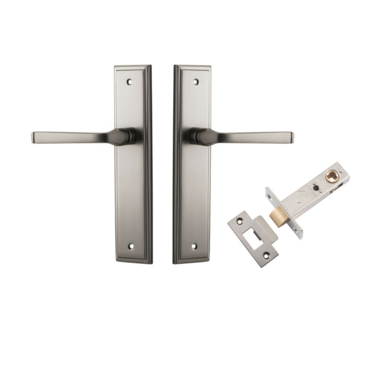 Door Lever Annecy Stepped Latch Satin Nickel H240xW50xP65mm Passage Kit, Tube Latch Split Cam 'T' Striker Satin Nickel Backset 60mm in Satin Nickel