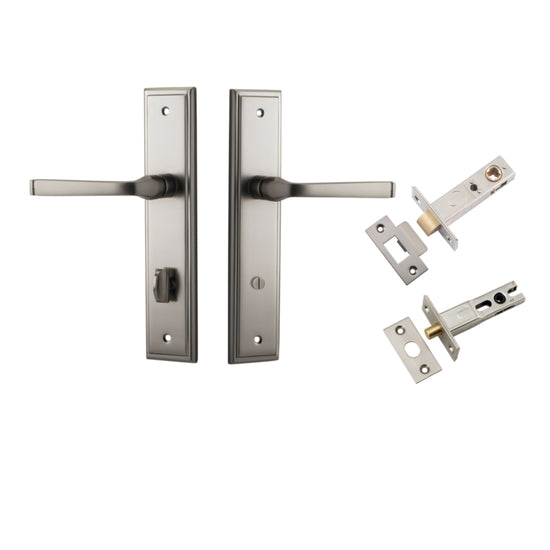 Door Lever Annecy Stepped Privacy Satin Nickel CTC85mm H240xW50xP65mm Inbuilt Privacy Kit, Tube Latch Split Cam 'T' Striker Satin Nickel Backset 60mm, Privacy Bolt Round Bolt Satin Nickel Backset 60mm in Satin Nickel