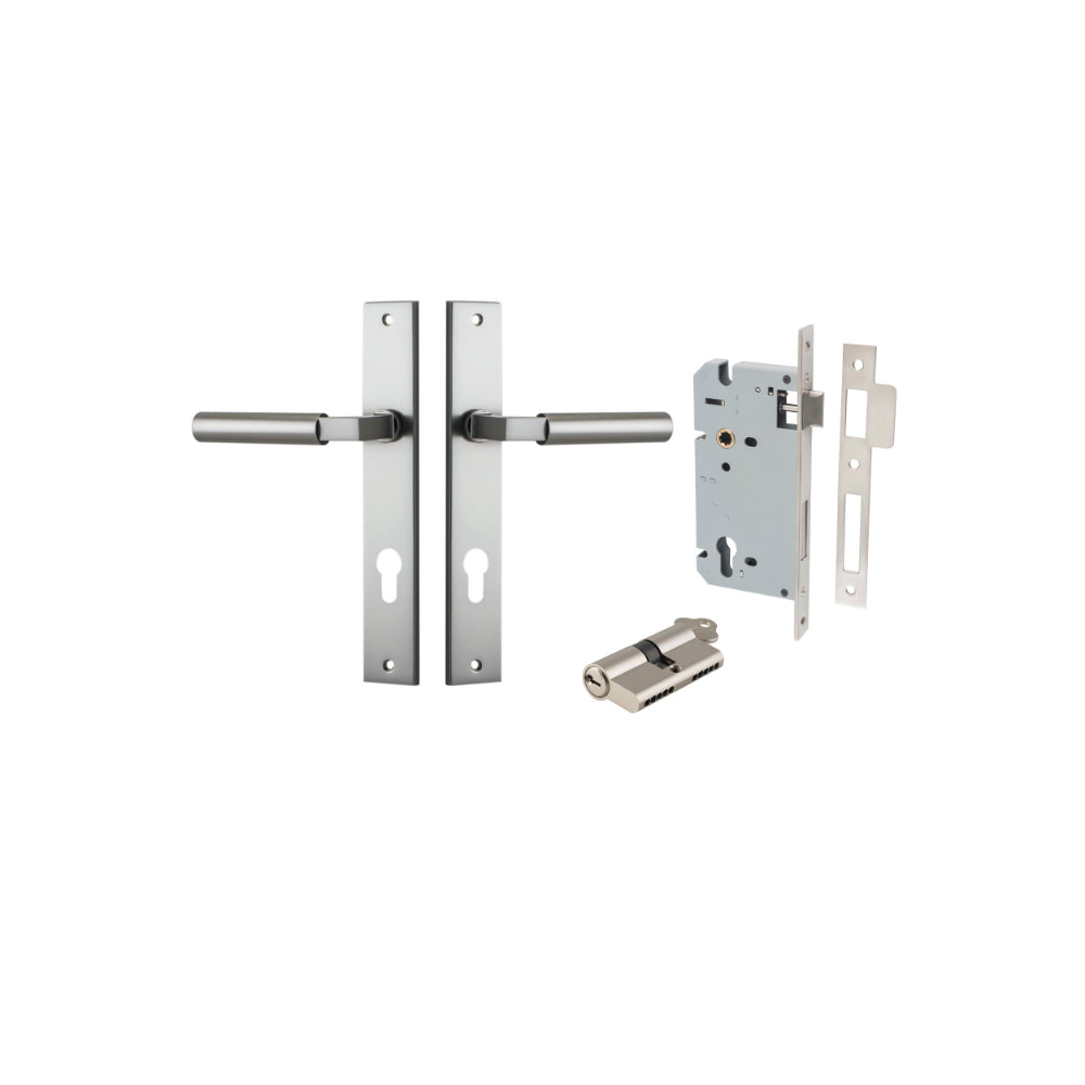 Door Lever Berlin Rectangular Euro Pair Satin Nickel CTC85mm L120xP57mm BPH240xW38mm, Mortice Lock Euro Satin Nickel CTC85mm Backset 60mm, Euro Cylinder Dual Function 5 Pin Satin Nickel 65mm KA4 in Satin Nickel