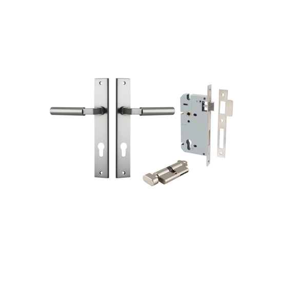 Door Lever Berlin Rectangular Euro Pair Satin Nickel CTC85mm L120xP57mm BPH240xW38mm, Mortice Lock Euro Satin Nickel CTC85mm Backset 60mm, Euro Cylinder Key Thumb 5 Pin Satin Nickel 65mm KA4 in Satin Nickel