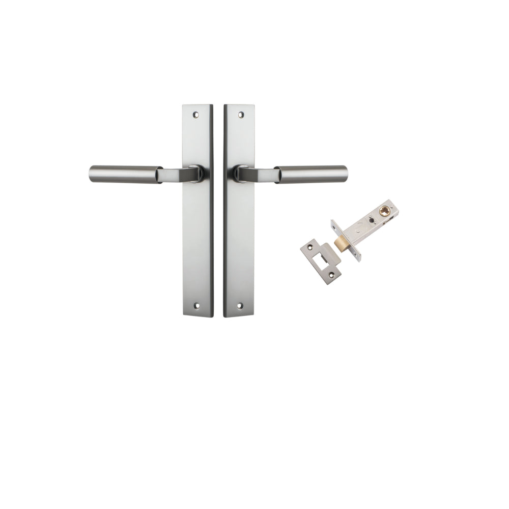 Door Lever Berlin Rectangular Satin Nickel L120xP57mm BPH240xW38mm Passage Kit, Tube Latch Split Cam 'T' Striker Satin Nickel Backset 60mm in Satin Nickel