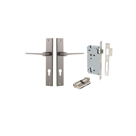 Door Lever Como Rectangular Euro Pair Satin Nickel CTC85mm L119xP59mm BPH240xW38mm, Mortice Lock Euro Satin Nickel CTC85mm Backset 60mm, Euro Cylinder Dual Function 5 Pin Satin Nickel 65mm KA4 in Satin Nickel