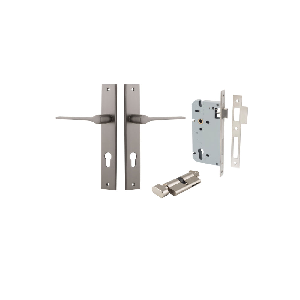 Door Lever Como Rectangular Euro Pair Satin Nickel CTC85mm L119xP59mm BPH240xW38mm, Mortice Lock Euro Satin Nickel CTC85mm Backset 60mm, Euro Cylinder Key Thumb 5 Pin Satin Nickel 65mm KA4 in Satin Nickel