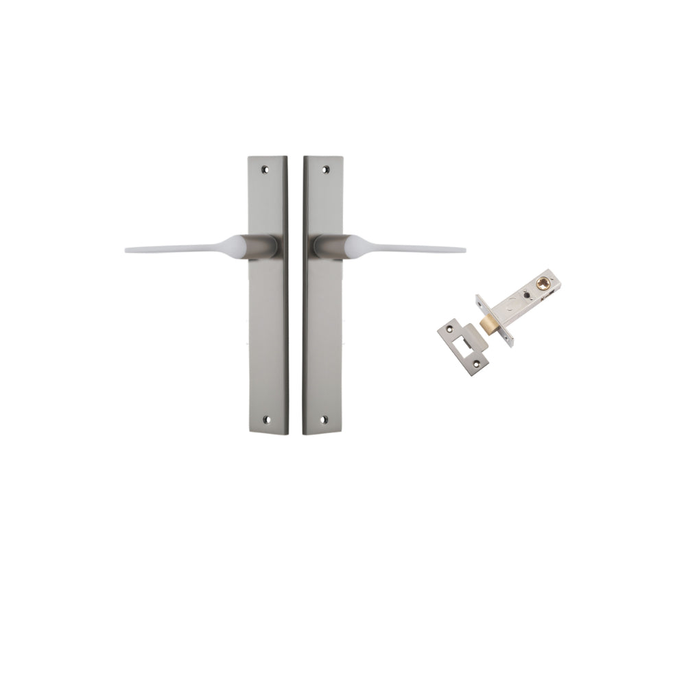 Door Lever Como Rectangular Satin Nickel L119xP59mm BPH240xW38mm Passage Kit, Tube Latch Split Cam 'T' Striker Satin Nickel Backset 60mm in Satin Nickel