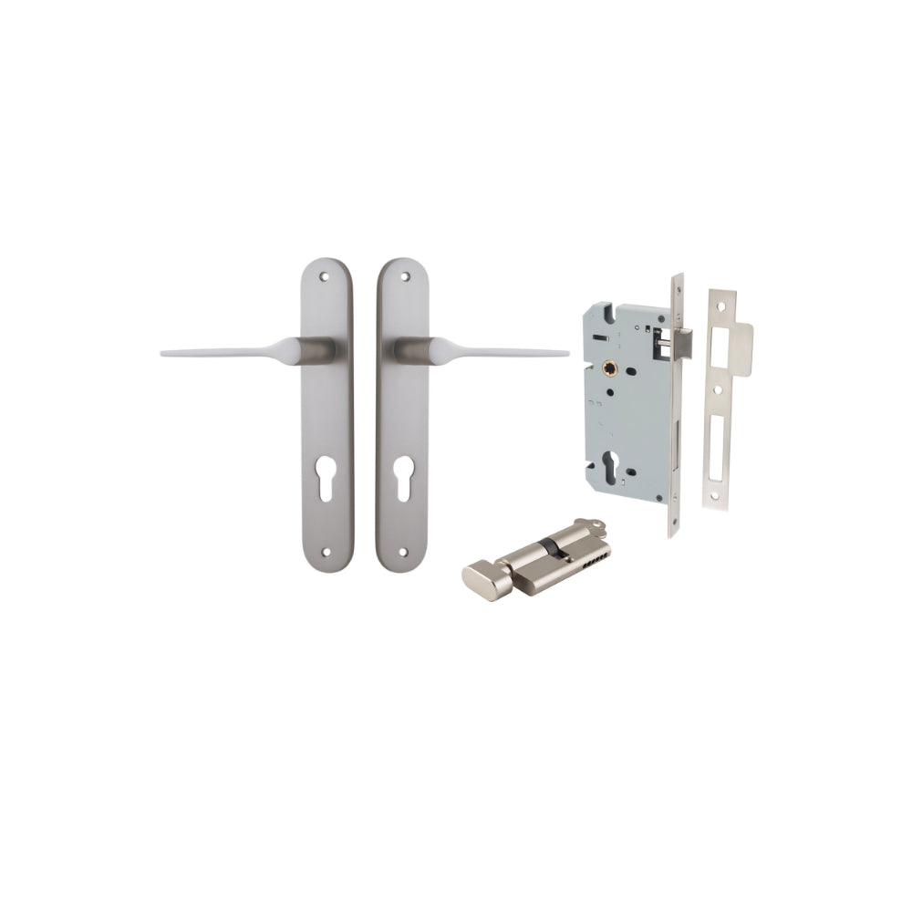 Door Lever Como Oval Euro Pair Satin Nickel CTC85mm L119xP59mm BPH240xW40mm, Mortice Lock Euro Satin Nickel CTC85mm Backset 60mm, Euro Cylinder Key Thumb 5 Pin Satin Nickel 65mm KA4 in Satin Nickel