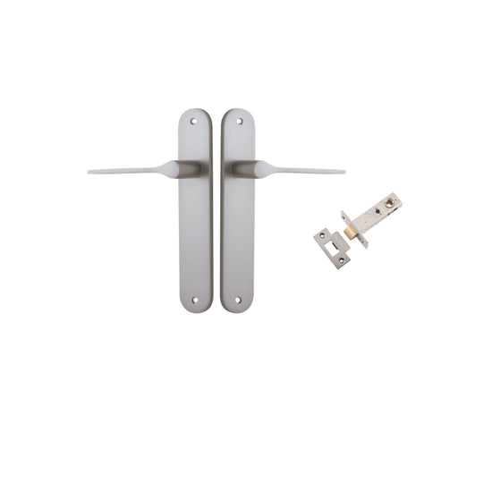 Door Lever Como Oval Satin Nickel L119xP59mm BPH240xW40mm Passage Kit, Tube Latch Split Cam 'T' Striker Satin Nickel Backset 60mm in Satin Nickel