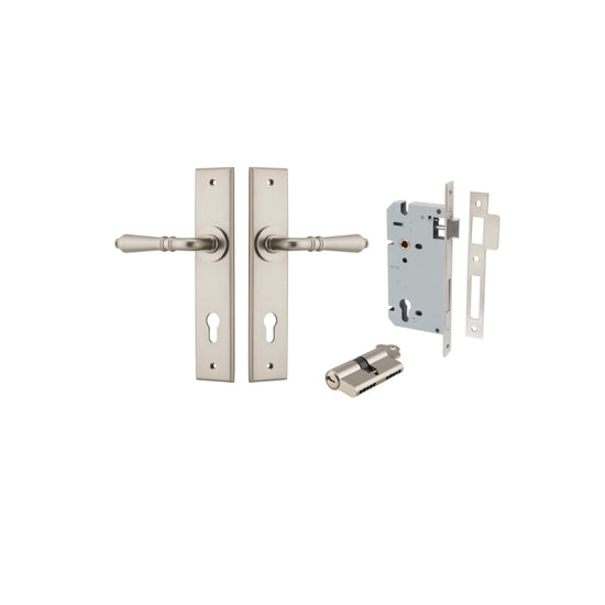 Door Lever Sarlat Chamfered Euro Pair Satin Nickel CTC85mm L111xP55mm BPH240xW50mm, Mortice Lock Euro Satin Nickel CTC85mm Backset 60mm, Euro Cylinder Dual Function 5 Pin Satin Nickel 65mm KA4 in Satin Nickel