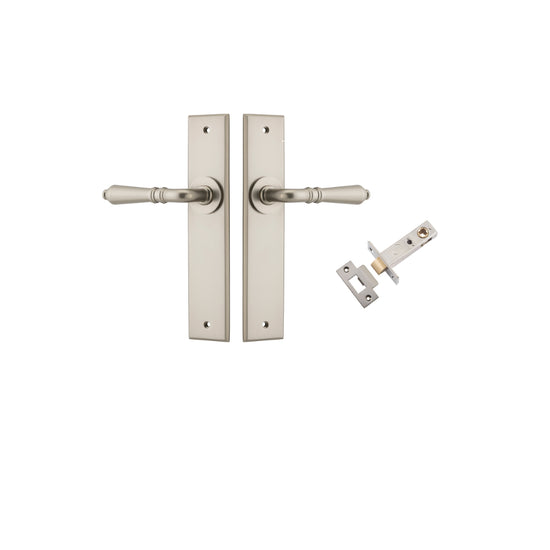 Door Lever Sarlat Chamfered Satin Nickel L111xP55mm BPH240xW50mm Passage Kit, Tube Latch Split Cam 'T' Striker Satin Nickel Backset 60mm in Satin Nickel