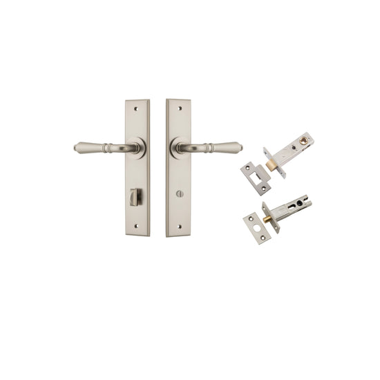 Door Lever Sarlat Chamfered Privacy Satin Nickel CTC85mm L111xP55mm BPH240xW50mm Privacy Kit, Tube Latch Split Cam 'T' Striker Satin Nickel Backset 60mm, Privacy Bolt Round Bolt Satin Nickel Backset 60mm in Satin Nickel