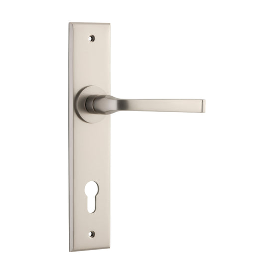 Door Lever Annecy Chamfered Euro Satin Nickel CTC85mm H240xW50xP65mm in Satin Nickel