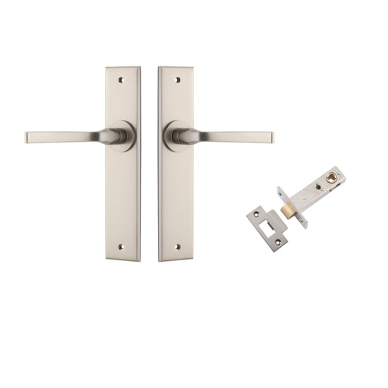 Door Lever Annecy Chamfered Satin Nickel L117xP65mm BPH240xW50mm Passage Kit, Tube Latch Split Cam 'T' Striker Satin Nickel Backset 60mm in Satin Nickel