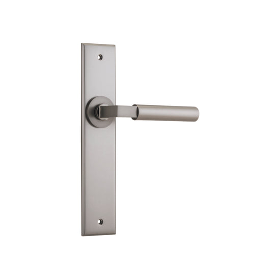 Door Lever Berlin Chamfered Latch Satin Nickel H240xW50xP59mm in Satin Nickel