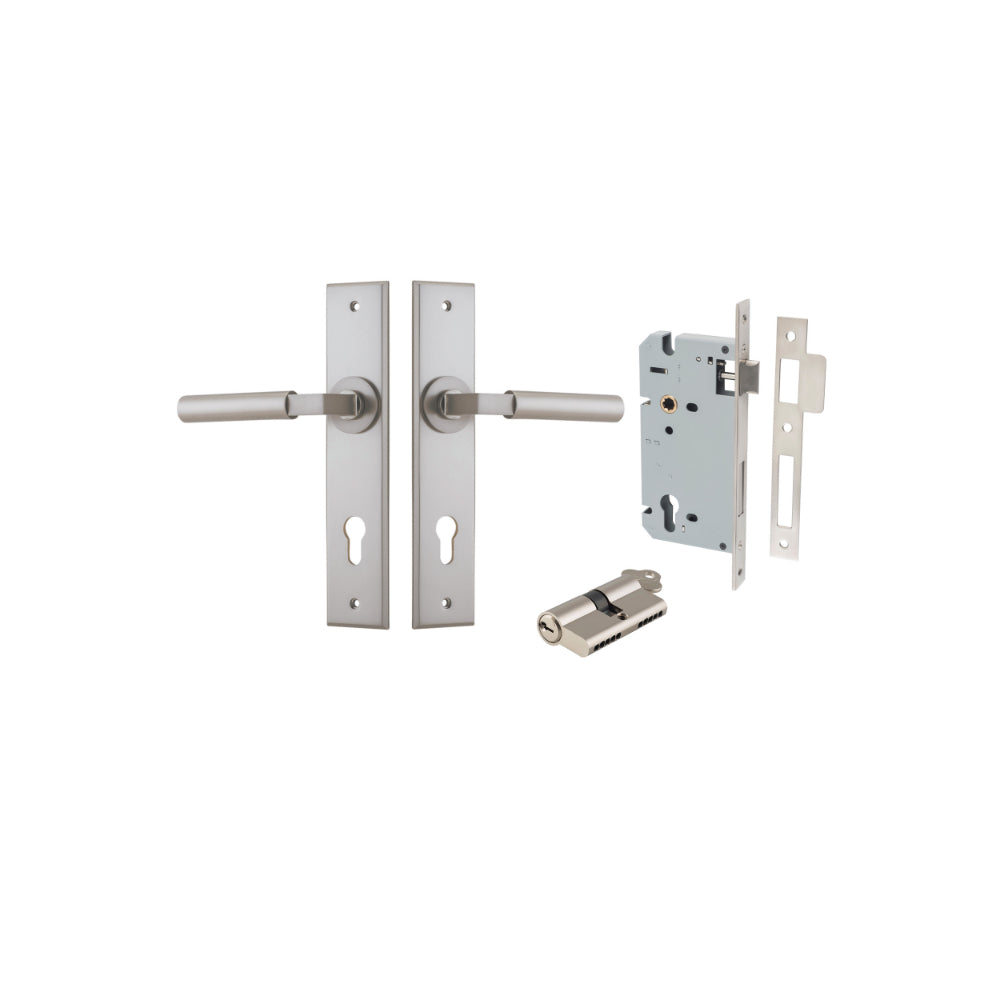 Door Lever Berlin Chamfered Euro Pair Satin Nickel CTC85mm L120xP59mm BPH240xW50mm, Mortice Lock Euro Satin Nickel CTC85mm Backset 60mm, Euro Cylinder Dual Function 5 Pin Satin Nickel 65mm KA4 in Satin Nickel