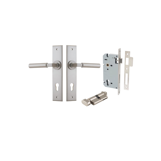 Door Lever Berlin Chamfered Euro Pair Satin Nickel CTC85mm L120xP59mm BPH240xW50mm, Mortice Lock Euro Satin Nickel CTC85mm Backset 60mm, Euro Cylinder Key Thumb 5 Pin Satin Nickel 65mm KA4 in Satin Nickel