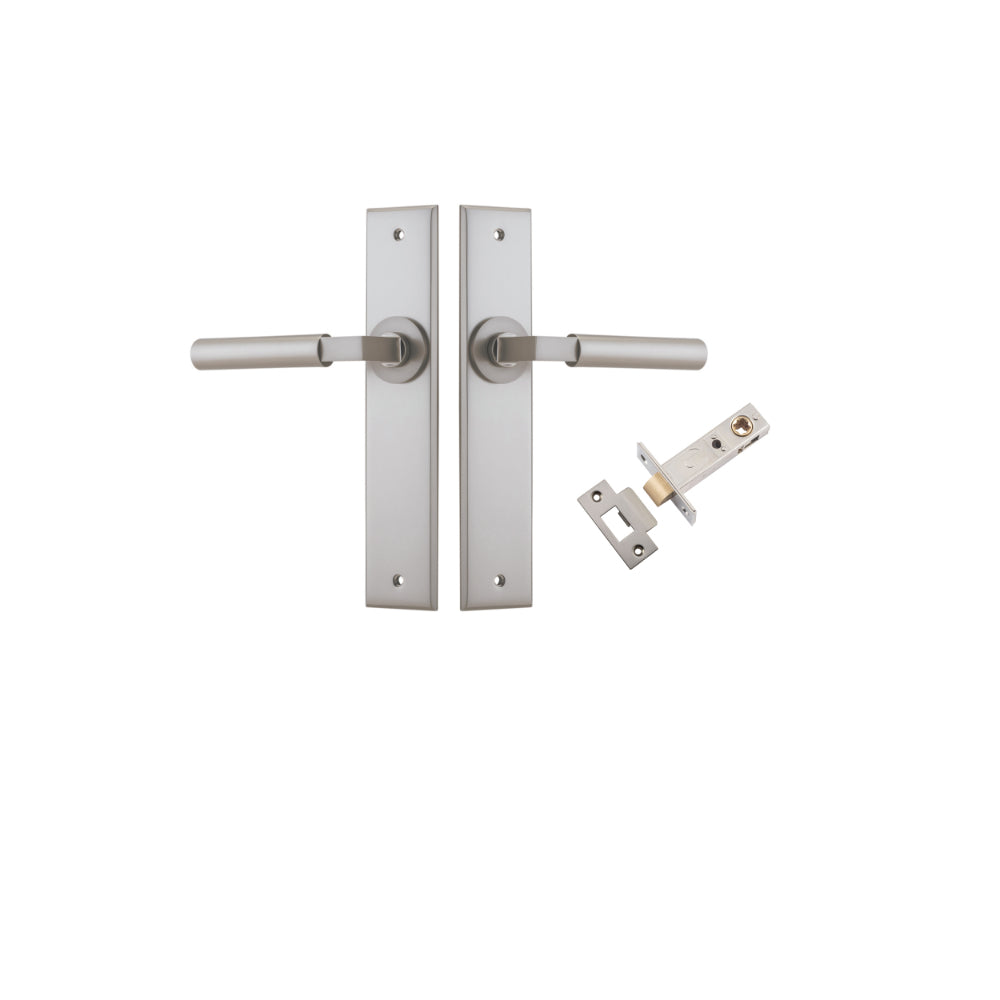 Door Lever Berlin Chamfered Satin Nickel L120xP59mm BPH240xW50mm Passage Kit, Tube Latch Split Cam 'T' Striker Satin Nickel Backset 60mm in Satin Nickel