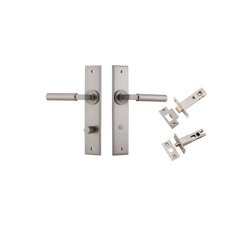 Door Lever Berlin Chamfered Privacy Satin Nickel CTC85mm L120xP59mm BPH240xW50mm Privacy Kit, Tube Latch Split Cam 'T' Striker Satin Nickel Backset 60mm, Privacy Bolt Round Bolt Satin Nickel Backset 60mm in Satin Nickel