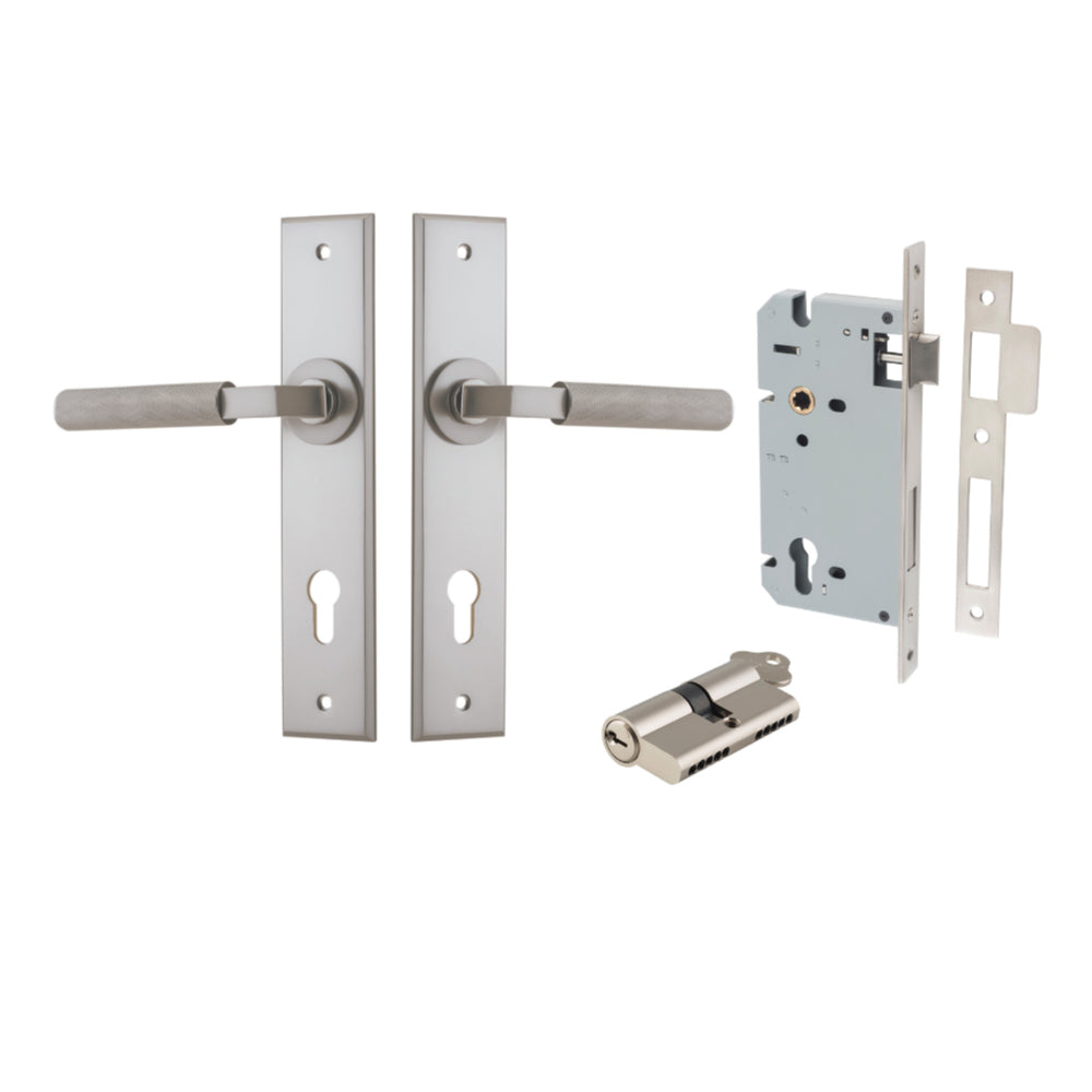 Door Lever Brunswick Chamfered Euro Pair Satin Nickel CTC85mm L120xP59mm BPH240xW50mm, Mortice Lock Euro Satin Nickel CTC85mm Backset 60mm, Euro Cylinder Dual Function 5 Pin Satin Nickel 65mm KA4 in Satin Nickel