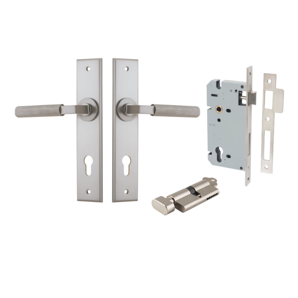 Door Lever Brunswick Chamfered Euro Pair Satin Nickel CTC85mm L120xP59mm BPH240xW50mm, Mortice Lock Euro Satin Nickel CTC85mm Backset 60mm, Euro Cylinder Key Thumb 5 Pin Satin Nickel 65mm KA4 in Satin Nickel