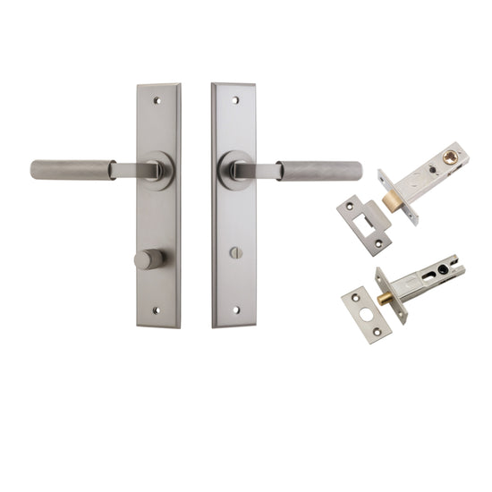 Door Lever Brunswick  Chamfered Privacy Satin Nickel CTC85mm L120xP59mm BPH240xW50mm Privacy Kit, Tube Latch Split Cam 'T' Striker Satin Nickel Backset 60mm, Privacy Bolt Round Bolt Satin Nickel Backset 60mm in Satin Nickel