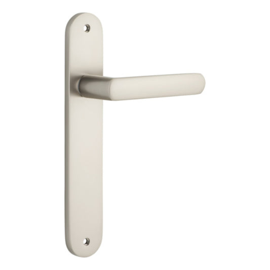 Door Lever Osaka Oval Latch Pair Satin Nickel H240xW40xP55mm in Satin Nickel